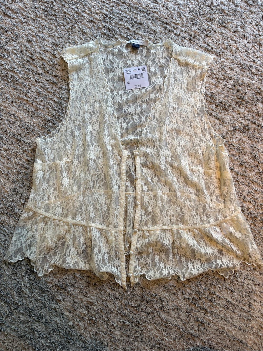 American Eagle Outfitters Cream Floral Lace Tie-Front Vest
